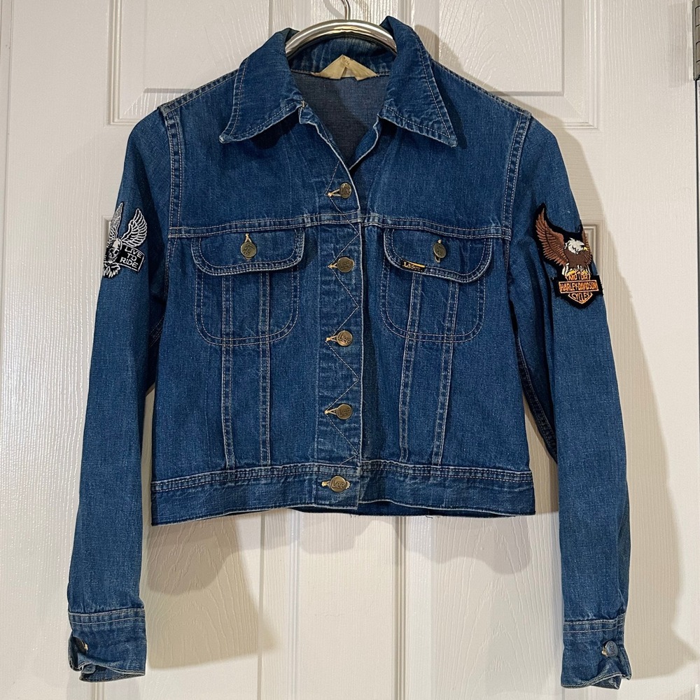 Vintage Lady Lee Harley Davidson Denim  Jacket Biker Eagle Patches Dark Wash
